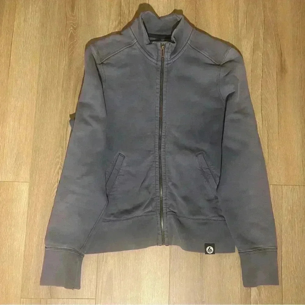 American Giant Mens Jacket SZ M Blue Gray Moto Full Zip Made In USA Fleece Lined